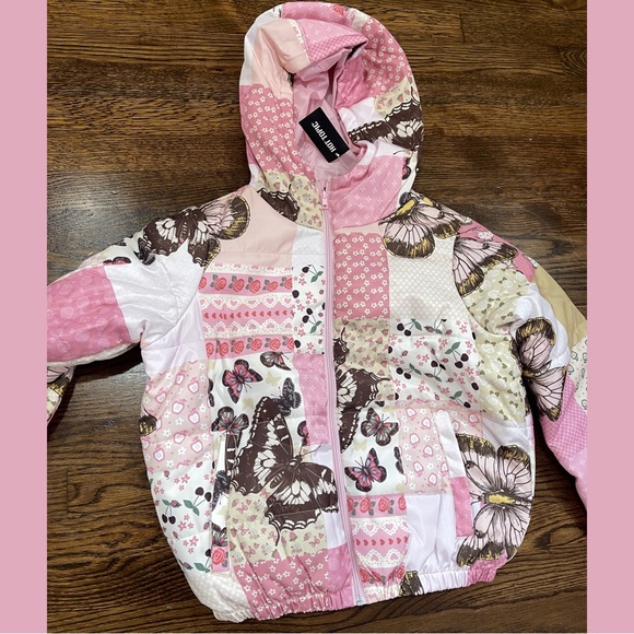 Sweet Society Butterfly Pink Patchwork Girls Puffer Jacket - Picture 3 of 6
